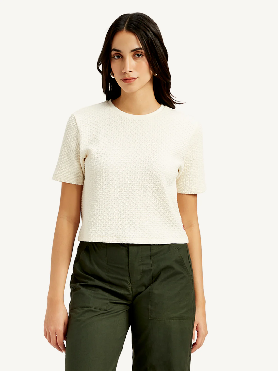 Women's Textured White Crew Neck Top - Image 2