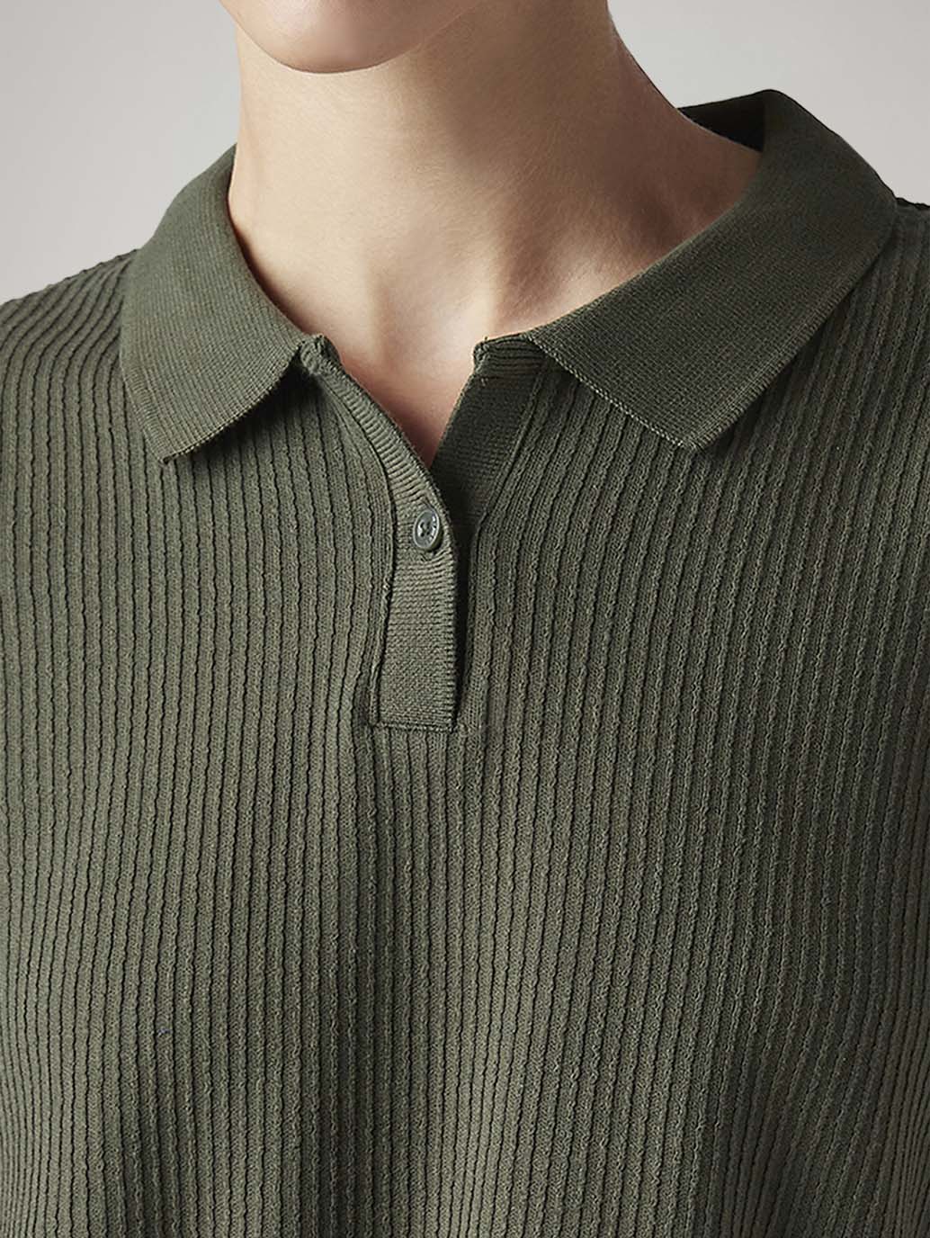Women's Textured Olive Relaxed Fit Polo T-shirt - Image 4