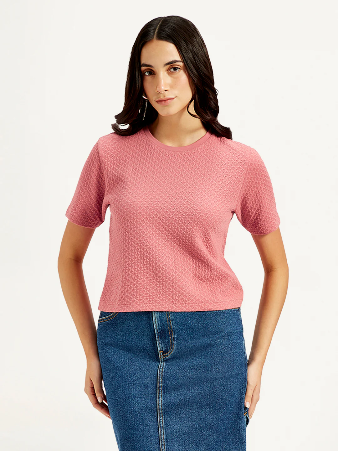 Women's Textured Peach Crew Neck Top - Image 2