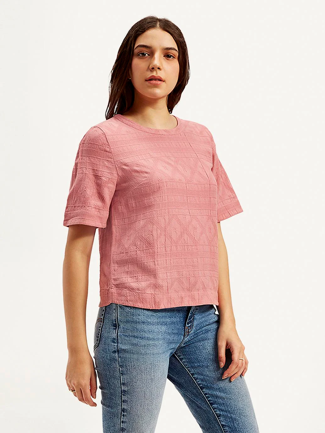 Women's Textured Pink Round Neck Top - Image 5