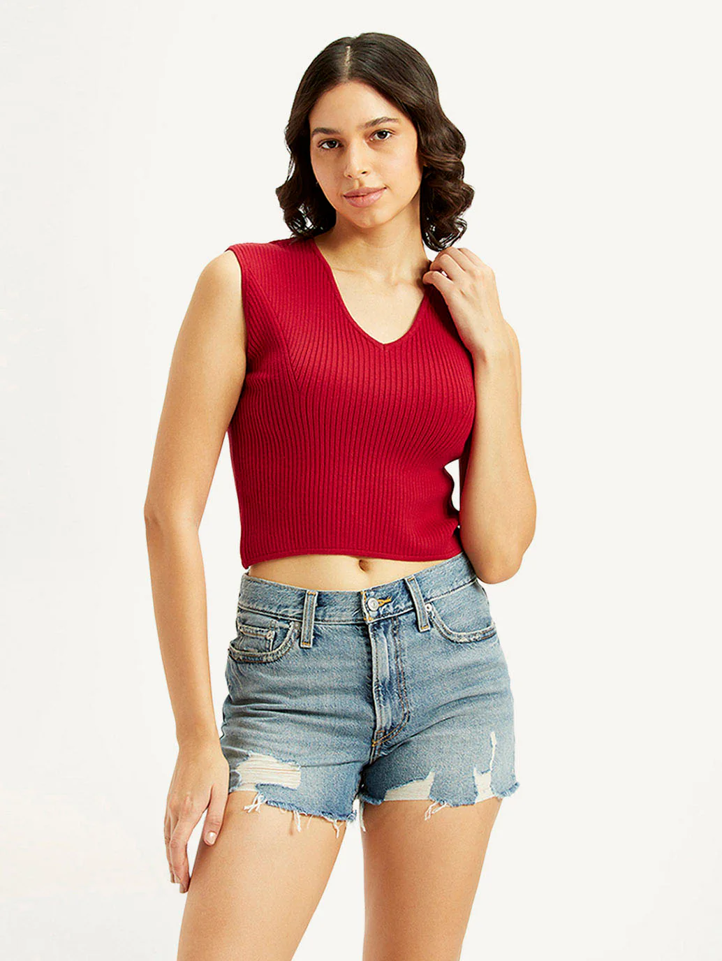 Women's Textured Red V-Neck Top - Image 2