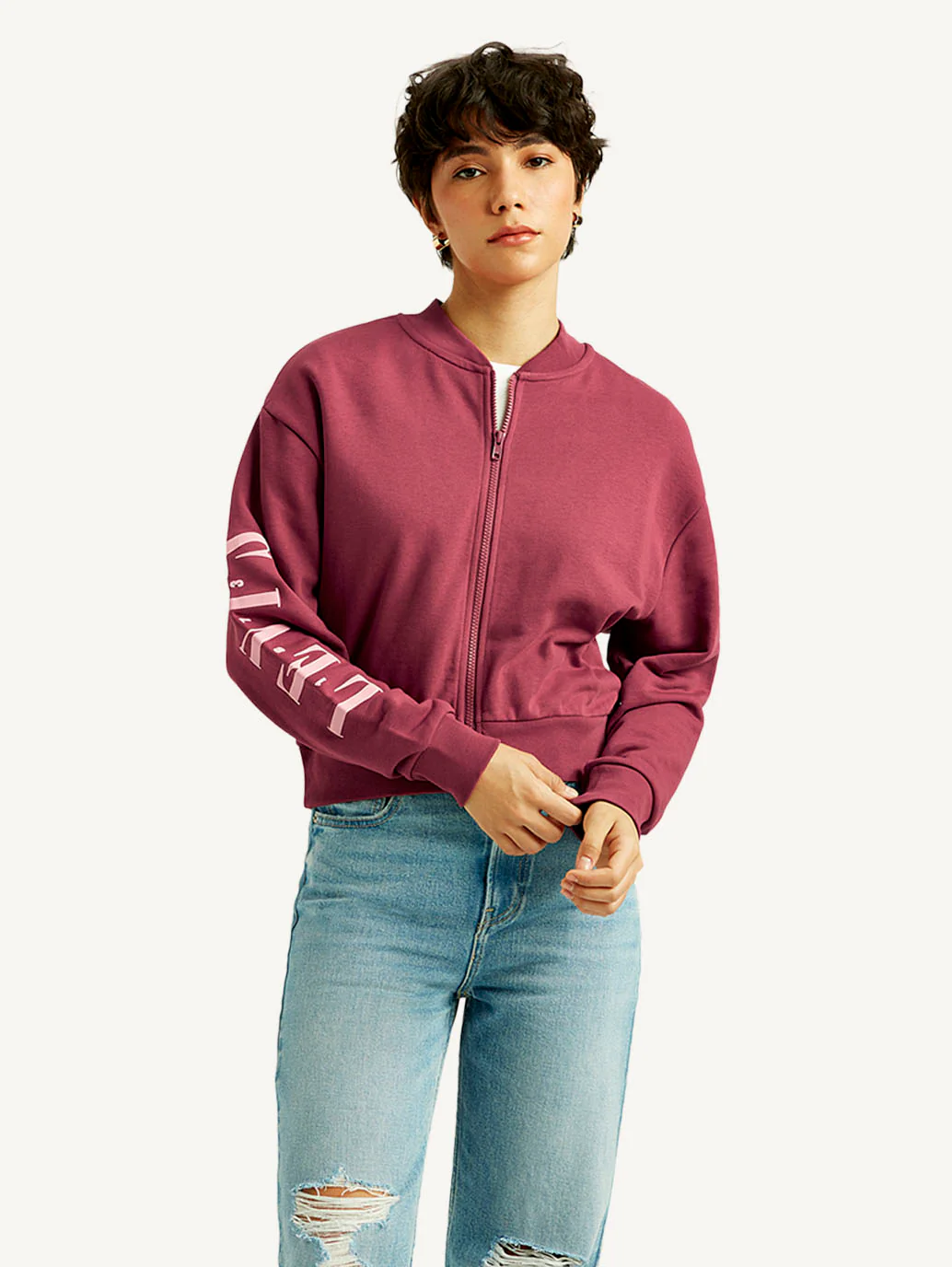 Women's Typographic Burgundy Bomber Jacket - Image 2